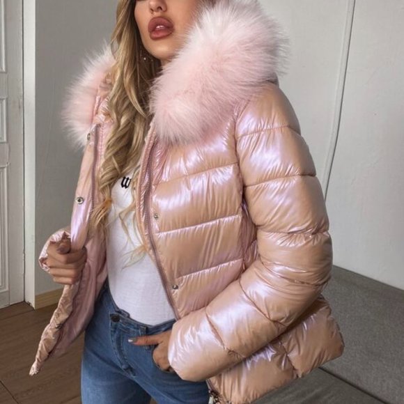 Jackets & Coats Metallic Pink Quilted Puffer Jacket Faux Fur Coat
